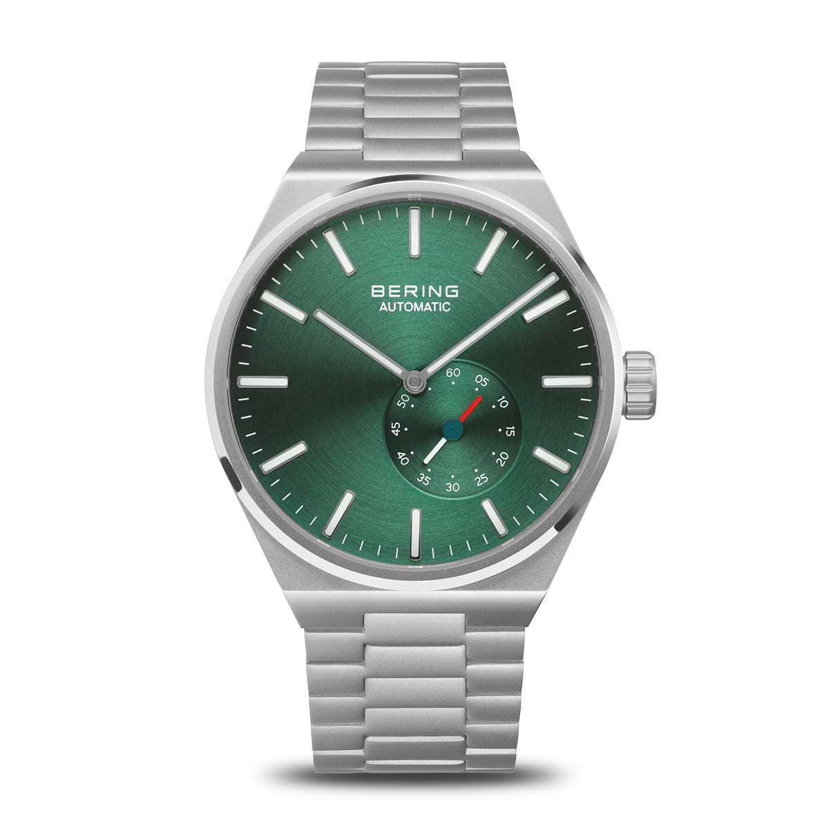 Orologio da uomo Bering con quadrante verde, cassa in acciaio inox e bracciale maglia rolò.