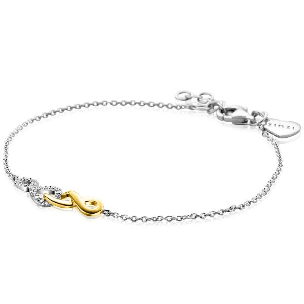 Bracciale in argento con simbolo dell'infinito dorato e dettagli brillanti.