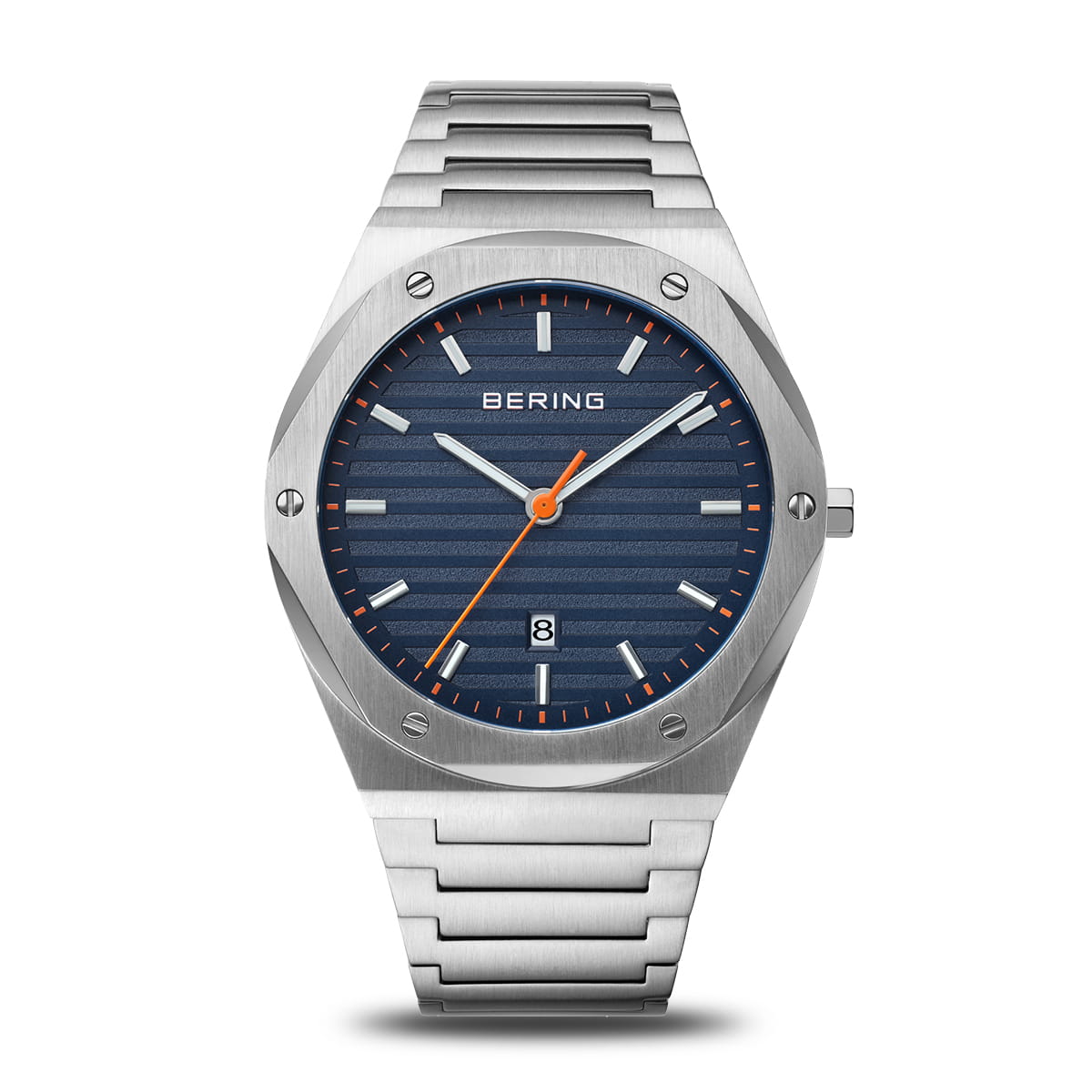 Orologio da uomo Bering con quadrante blu, cassa in acciaio inox e cinturino a maglia rolò.