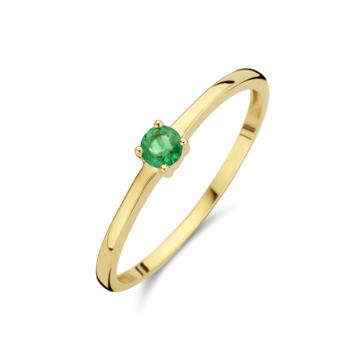 Anello in oro giallo 14K con smeraldo, pietra di nascita di maggio, design semplice.
