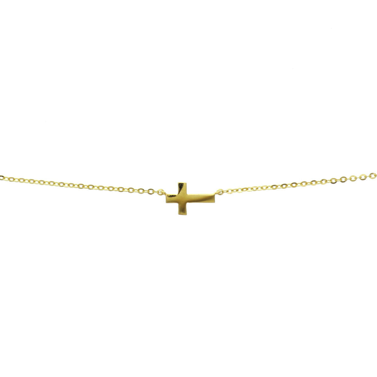 Collana in oro giallo 14K con croce centrale, lunghezza regolabile da 41 a 45 cm.