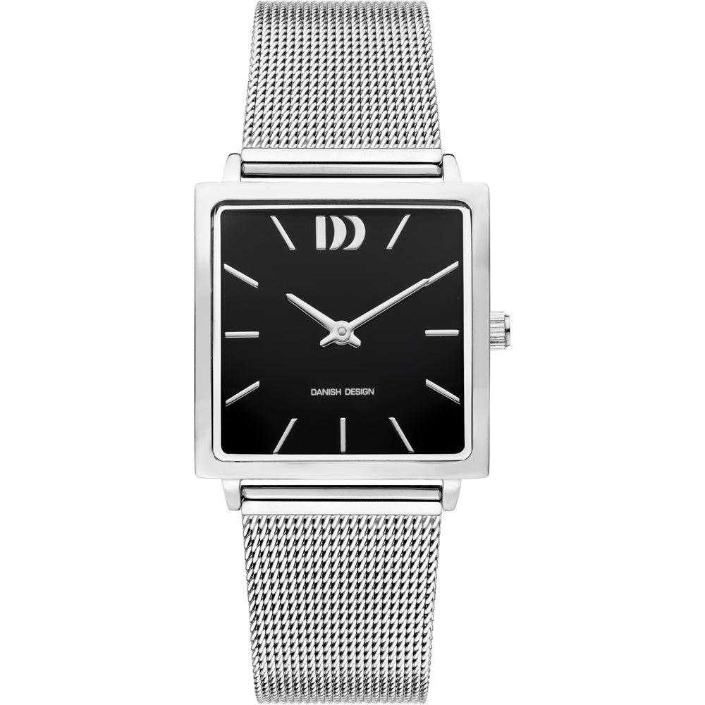 Orologio quadrato con cassa argentata, quadrante nero e cinturino in maglia rolò.