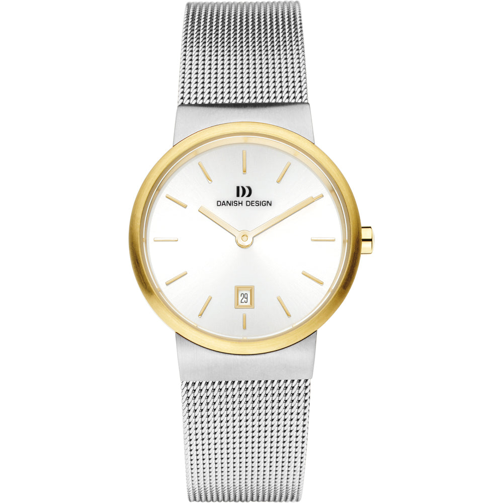 Orologio con cassa argentata e quadrante bianco, cinturino in maglia rolò dorata.