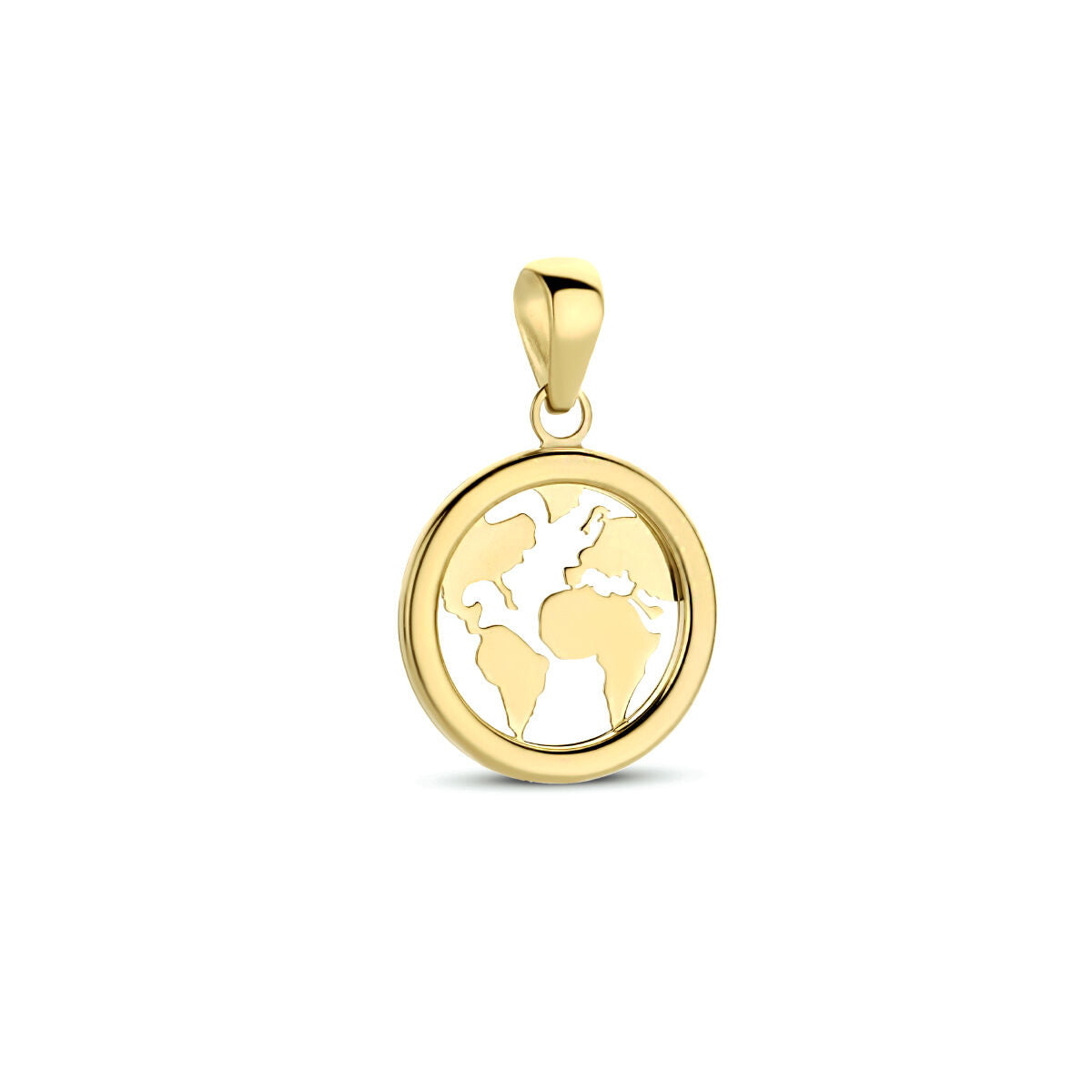 Ciondolo a forma di mappamondo in oro giallo 14K con dettagli incisi.