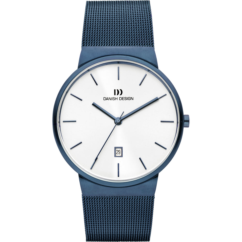 Orologio con cassa blu, quadrante bianco e cinturino in maglia metallica blu, con data.