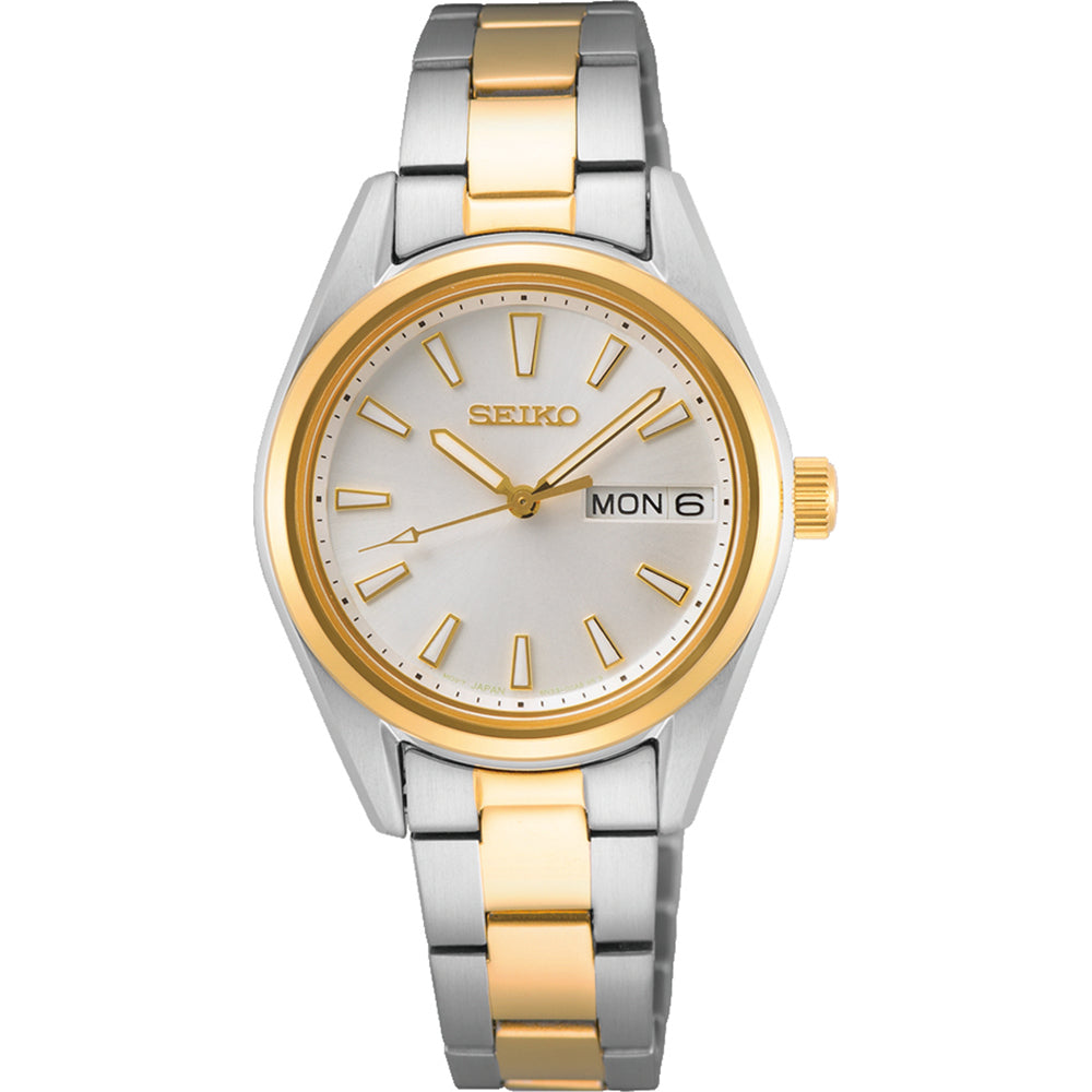 Orologio da donna Seiko con cassa argentata e dettagli dorati, quadrante argentato e bracciale bicolore.