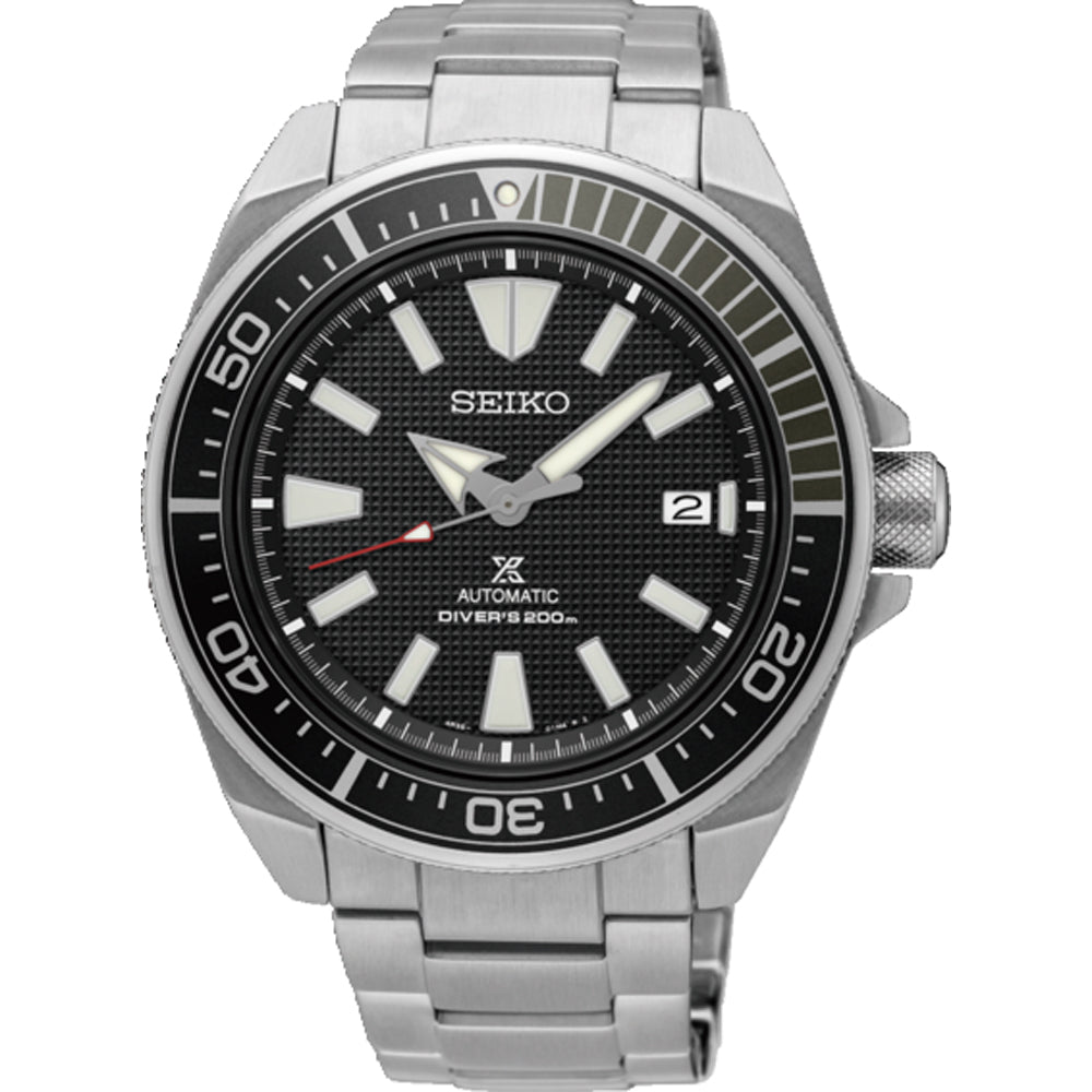 Orologio da uomo Seiko Prospex con cassa in acciaio inox, quadrante nero e bracciale in acciaio.