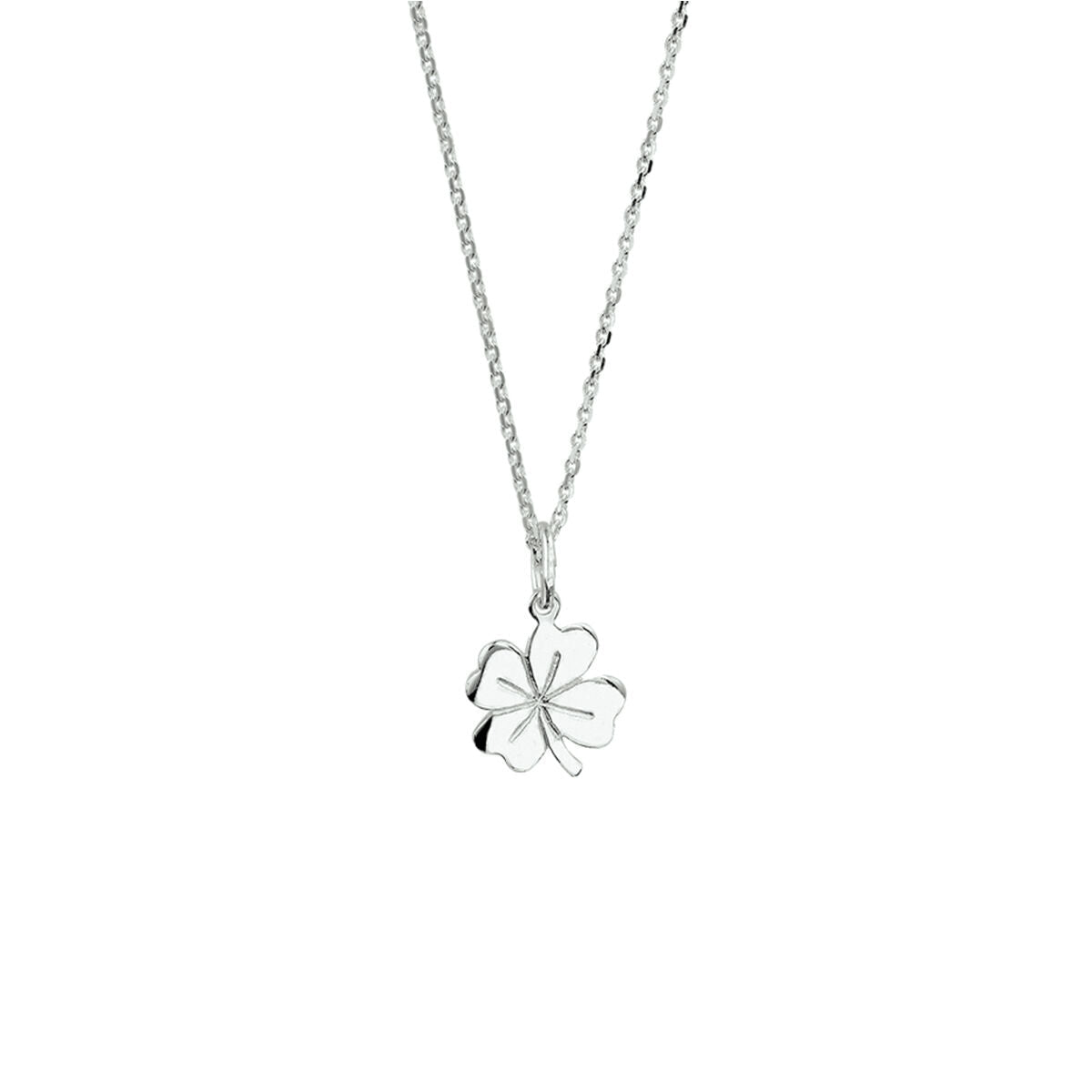 Collana con ciondolo a forma di quadrifoglio in argento bianco, lunghezza 41 + 4 cm.