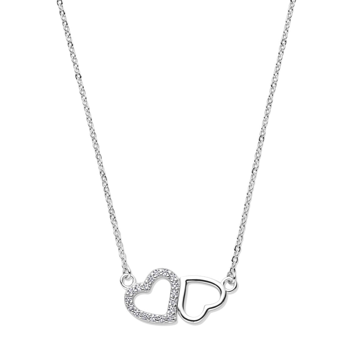Collana in argento rodiato con pendente a forma di cuori in zirconia.