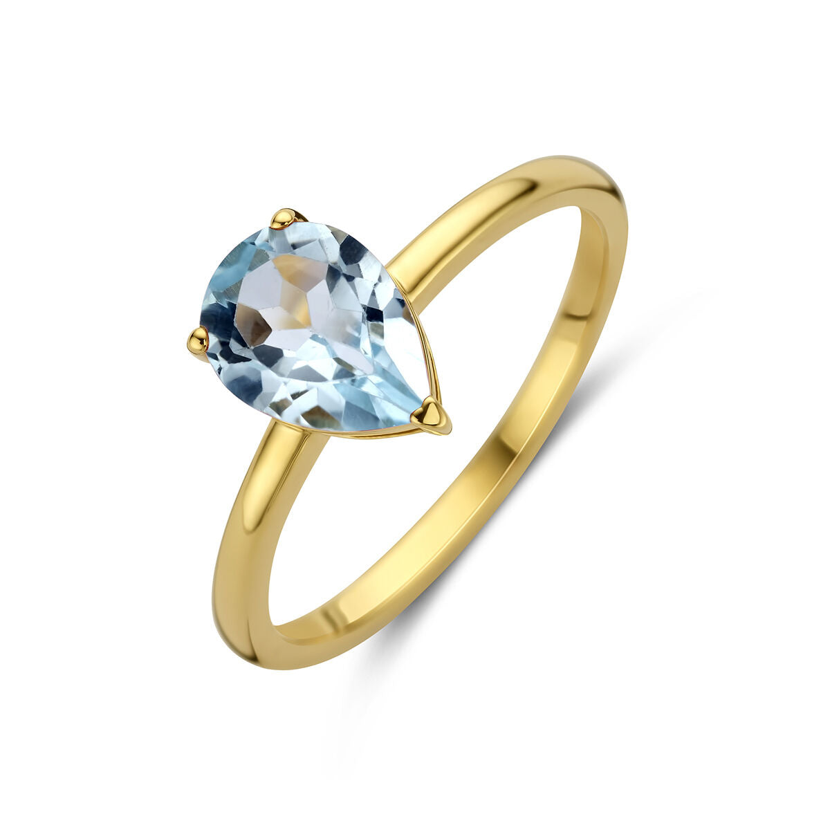 Anello in oro giallo 14K con topazio blu a forma di goccia.