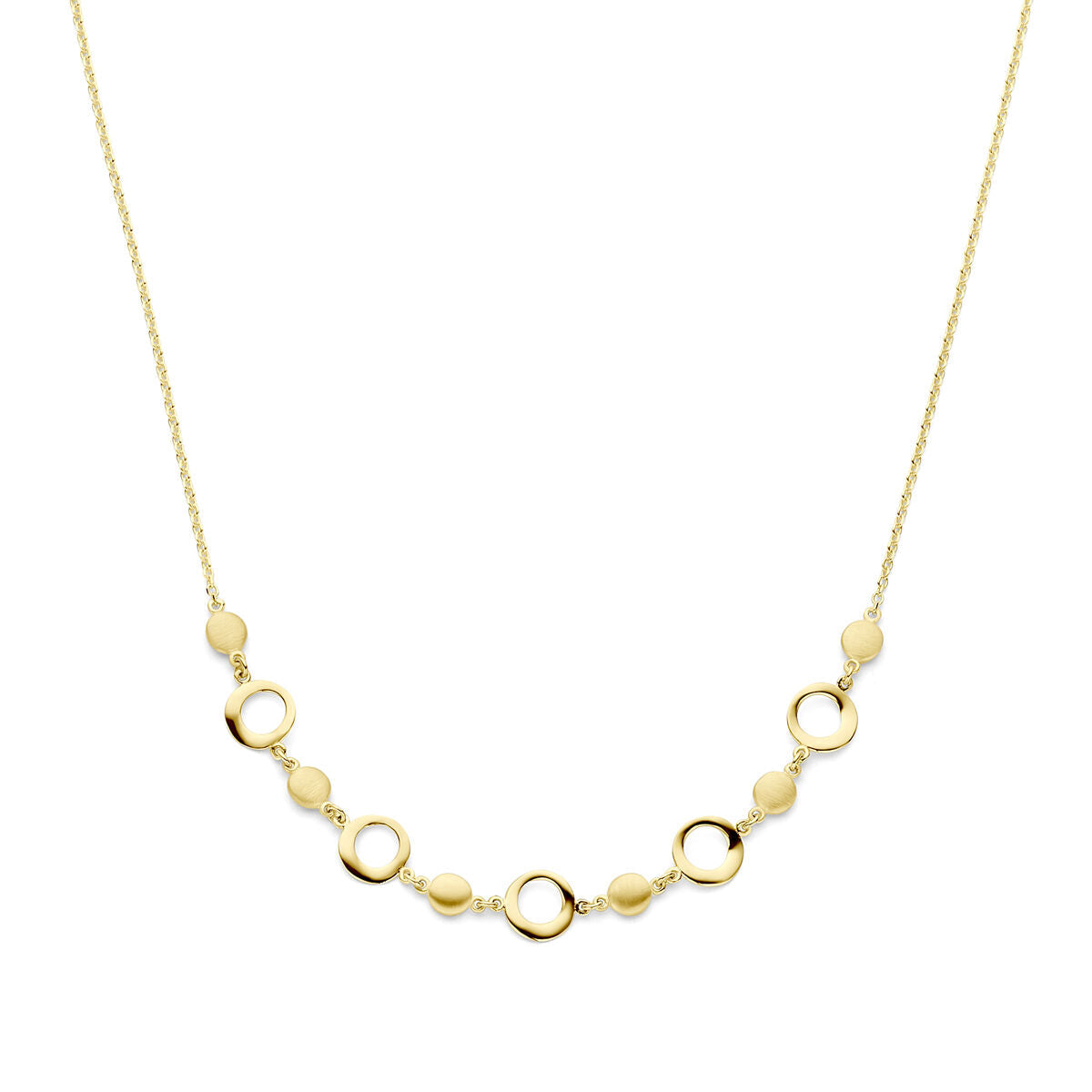 Collana in oro giallo 14K lucido e opaco con elementi circolari e ovali.