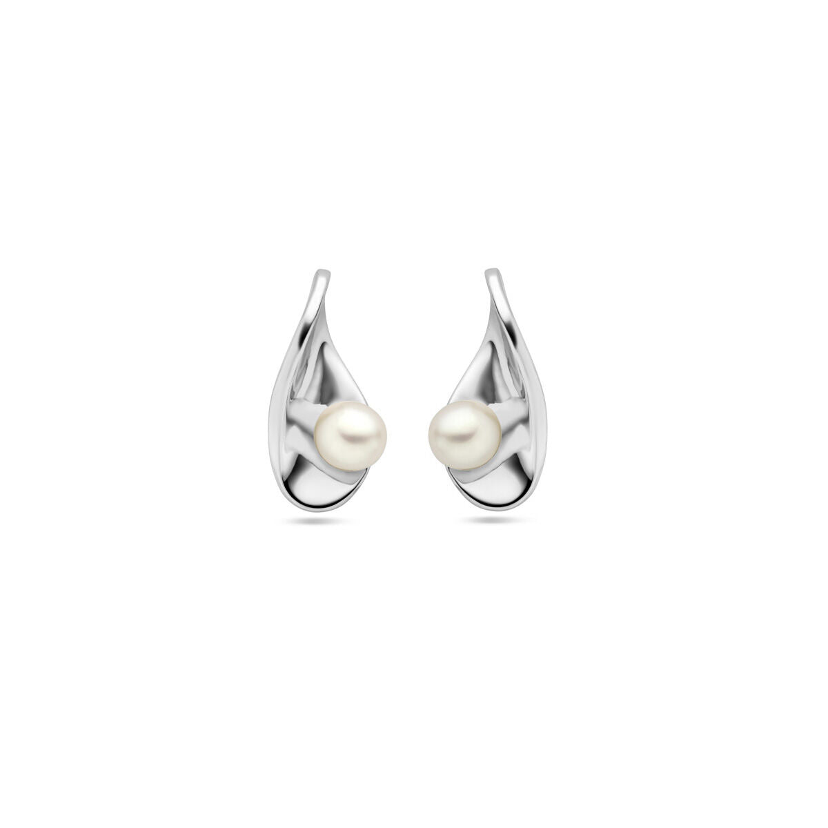 Orecchini in argento rodiato con perla bianca, design a goccia.