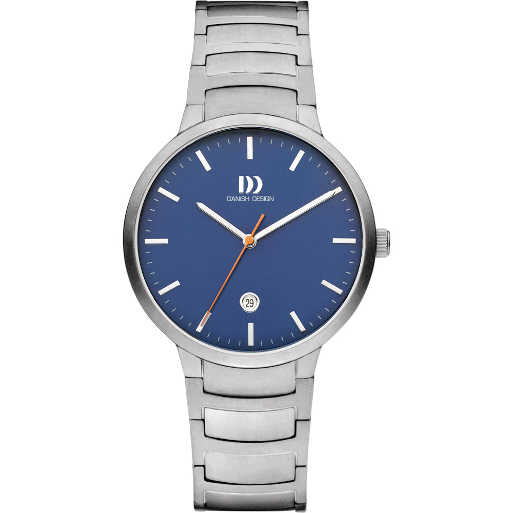 Orologio con cassa in acciaio inox, quadrante blu e cinturino in acciaio lucido.