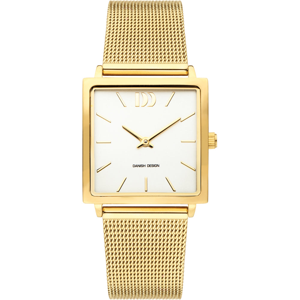 Orologio quadrato con cassa dorata, quadrante bianco e cinturino in maglia dorata.