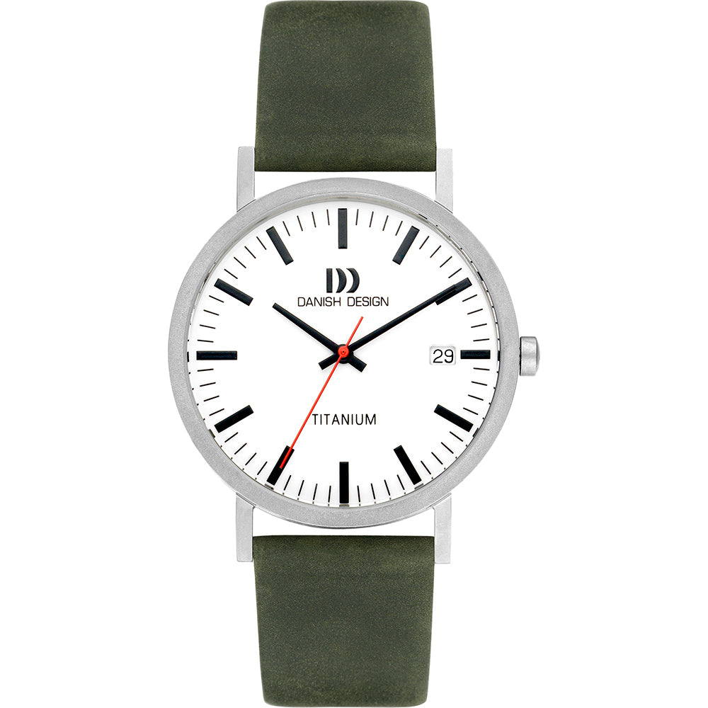 Orologio in titanio con quadrante bianco, cinturino verde e dettagli neri.