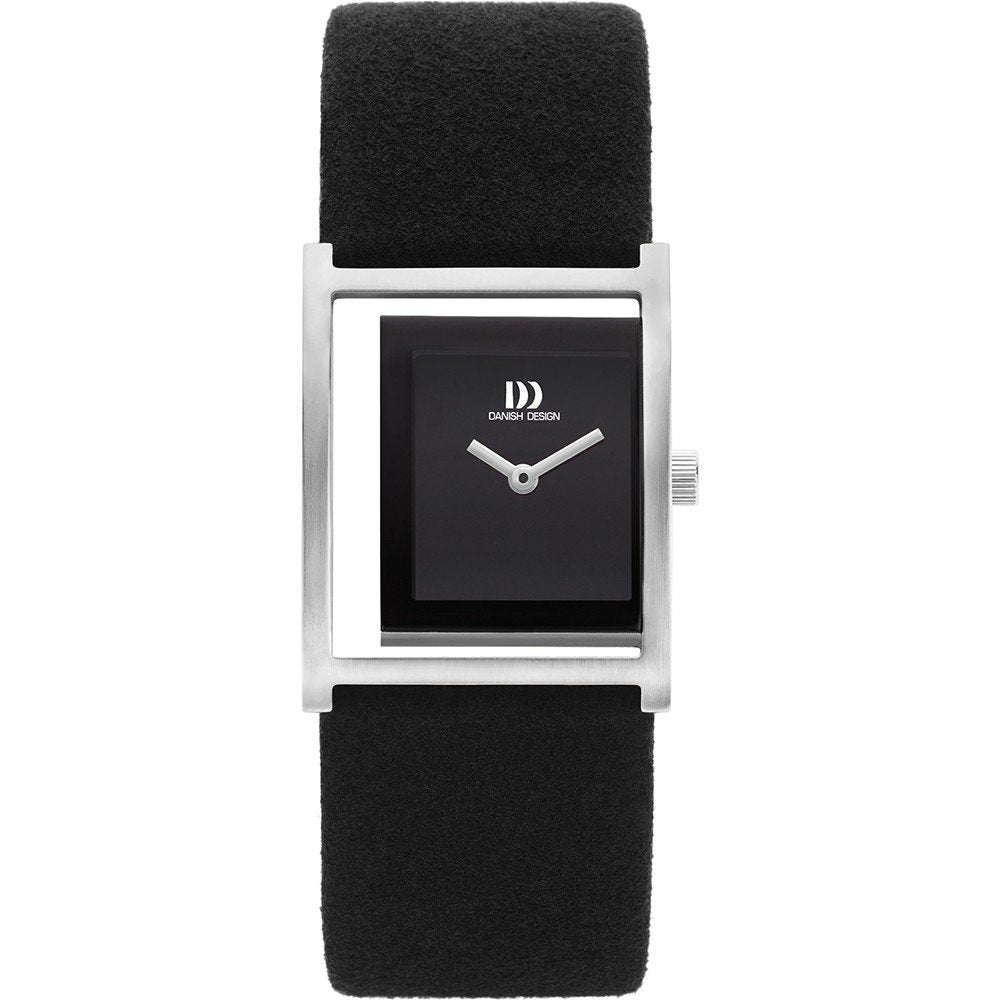 Orologio da donna con quadrante nero, cassa quadrata in acciaio e cinturino in pelle scamosciata nera.