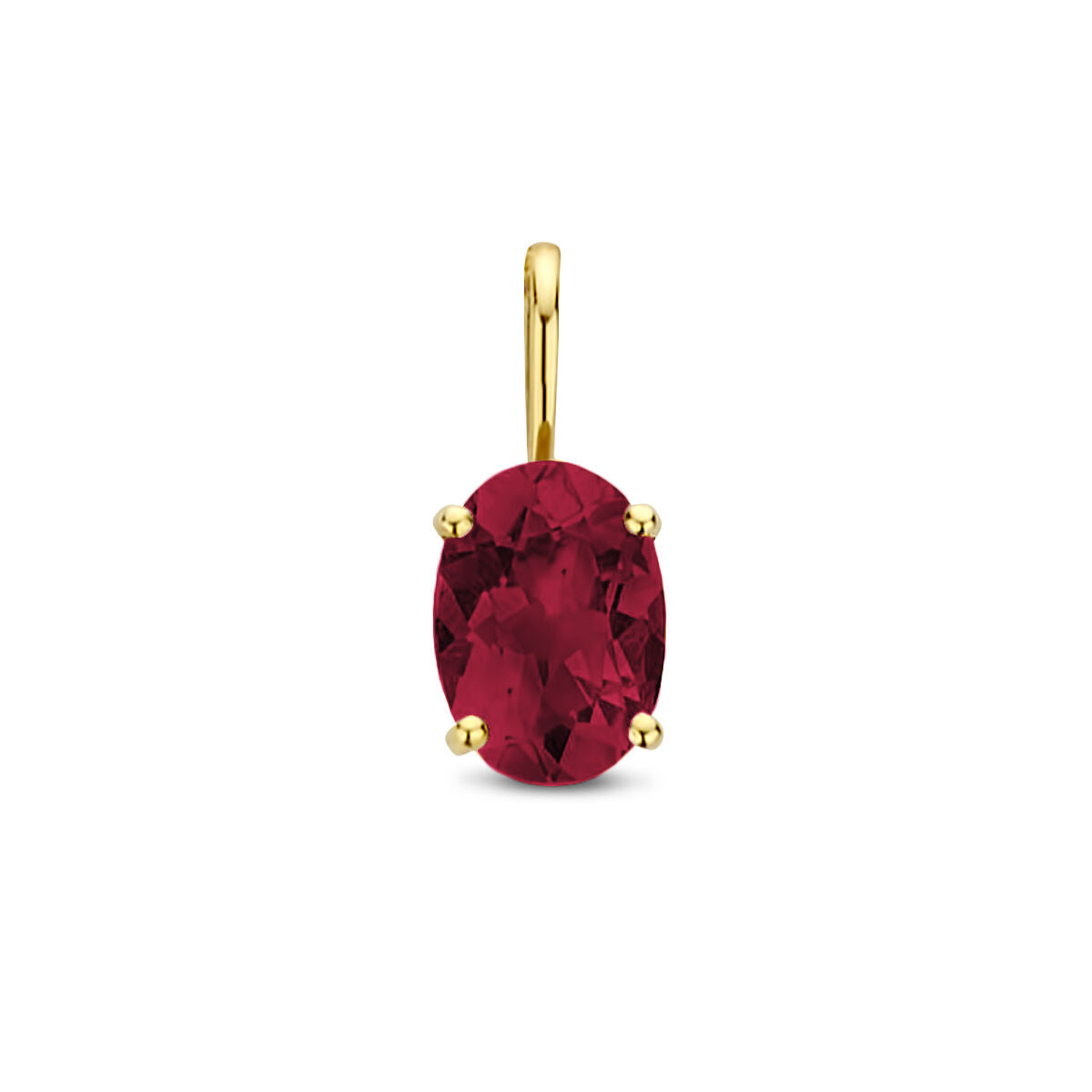 Ciondolo in oro giallo 14K con pietra ovale di rodolite rossa.