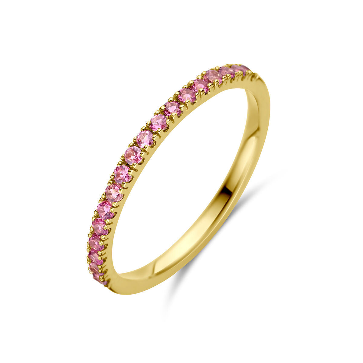 Anello in oro giallo 14K con pietre di nascita in tormalina rosa.
