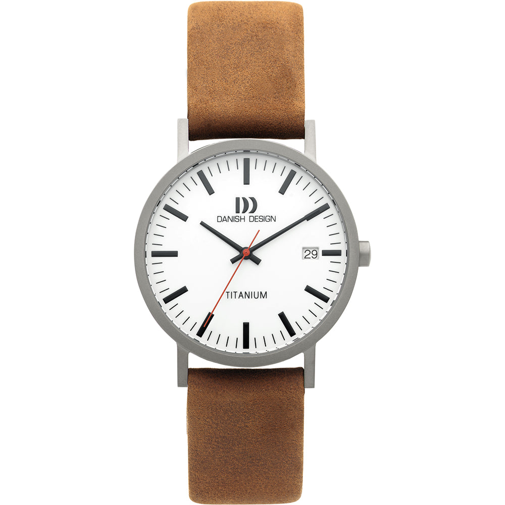 Orologio in titanio con quadrante bianco, cinturino in pelle marrone e dettagli neri.
