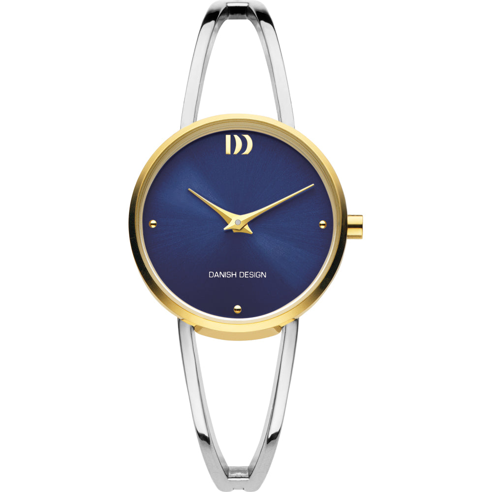 Orologio con quadrante blu, cassa dorata e cinturino in acciaio argentato.