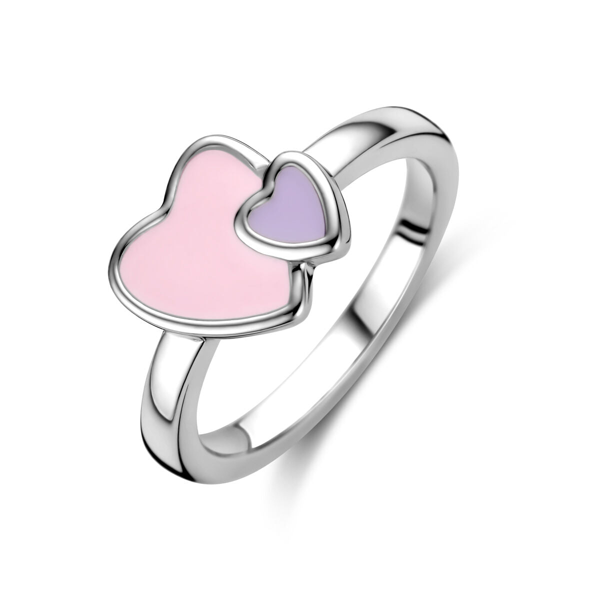 anello in argento rodiato con due cuori, una rosa e una lilla.