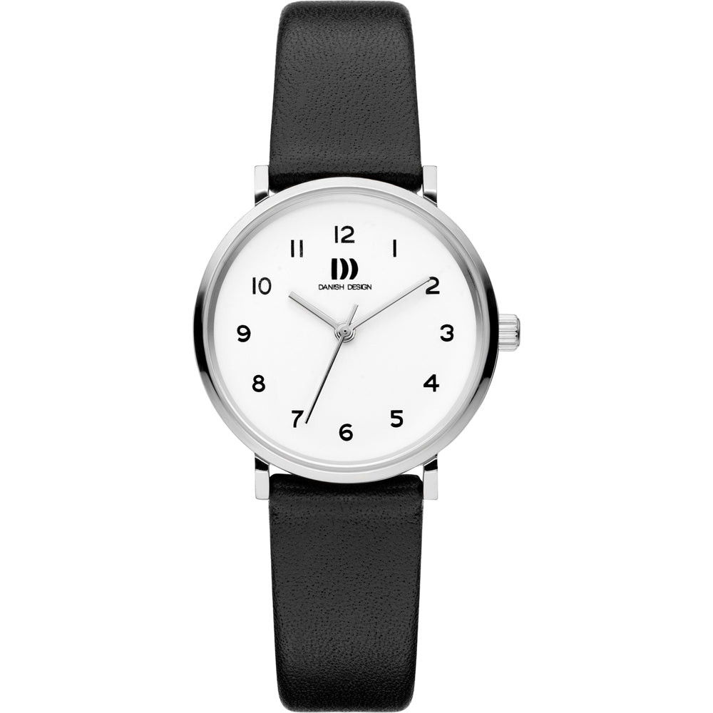 Orologio con quadrante bianco, cassa in acciaio inox e cinturino in pelle nera.
