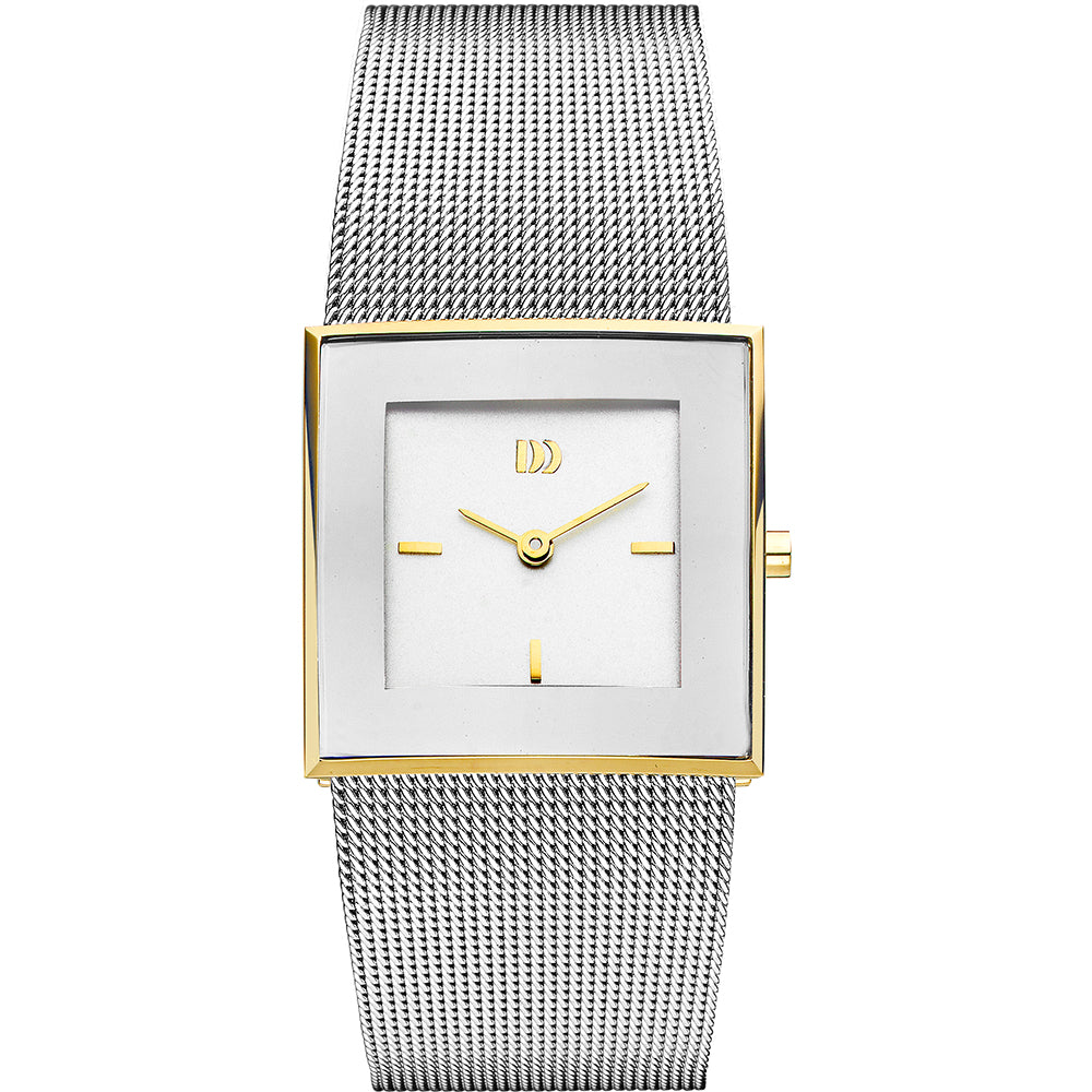 Orologio da donna con quadrante bianco, cassa quadrata in acciaio inox e cinturino in maglia rolò argentata.