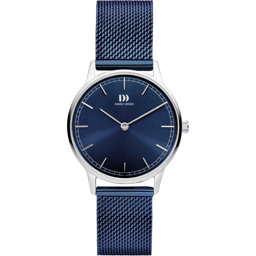 Orologio con cassa argentata e quadrante blu, cinturino in maglia rolò blu.