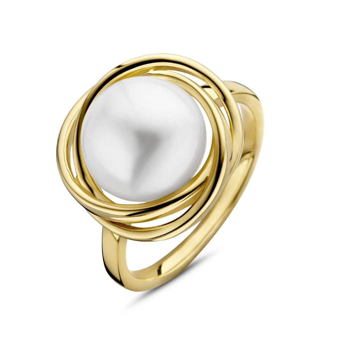 Anello in oro giallo 14K con una grande perla centrale avvolta da un design intrecciato.