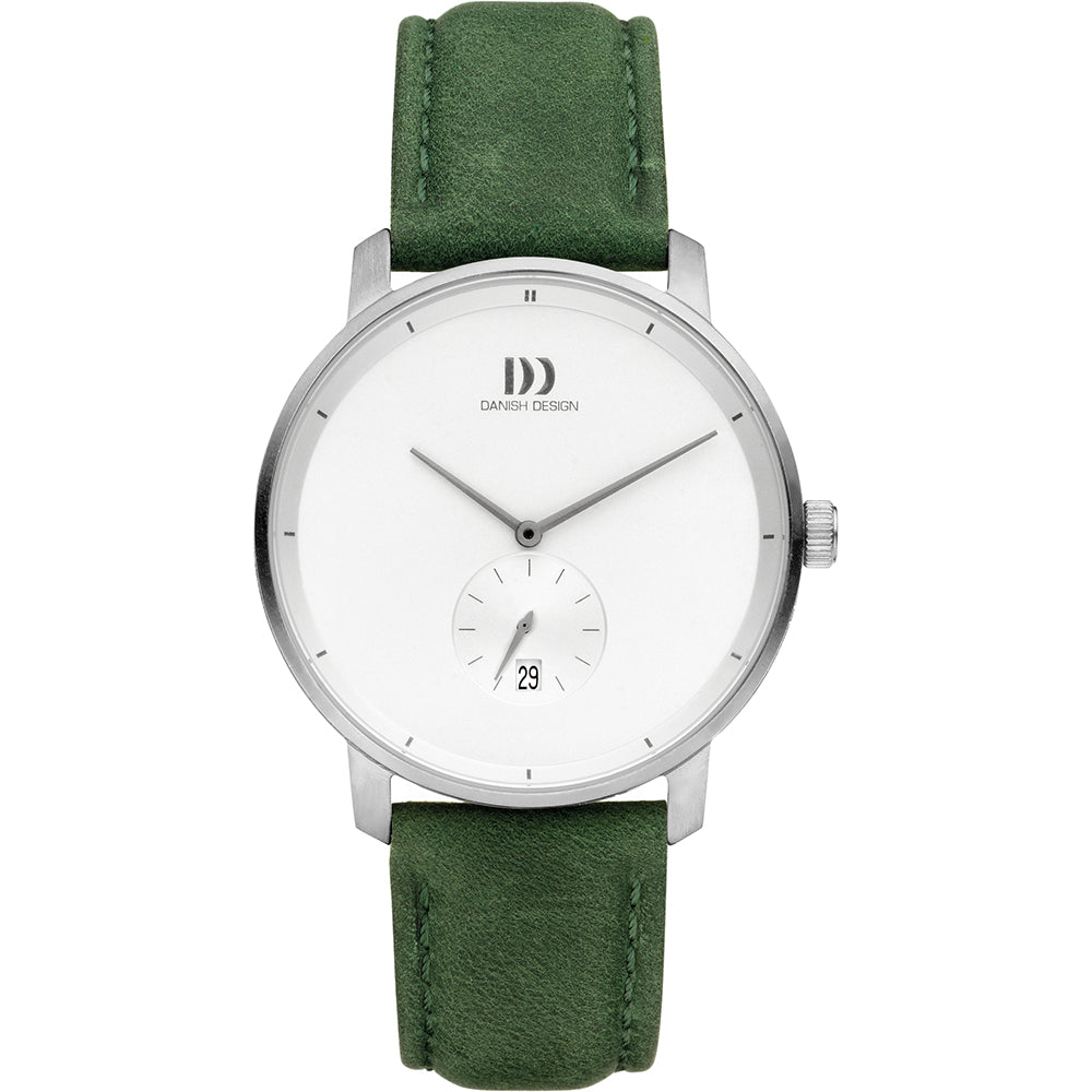 Orologio con cassa argentata, quadrante bianco e cinturino in pelle verde.