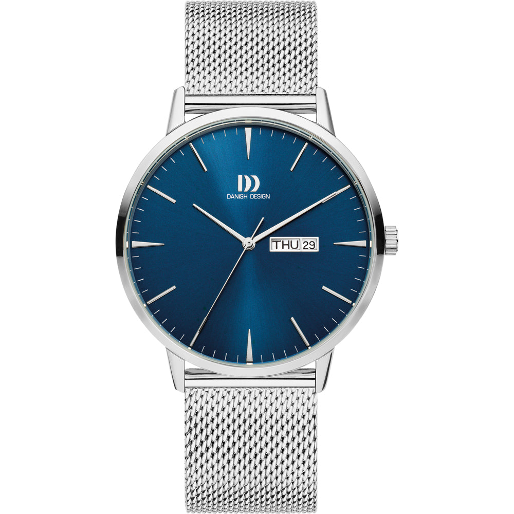 Orologio con quadrante blu, cassa argentata e cinturino in maglia metallica.