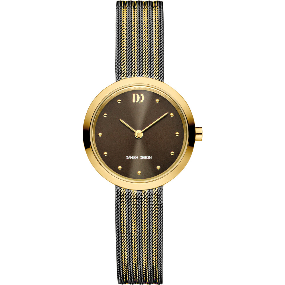 Orologio con cassa dorata, quadrante marrone e cinturino in maglia rolò bicolore.