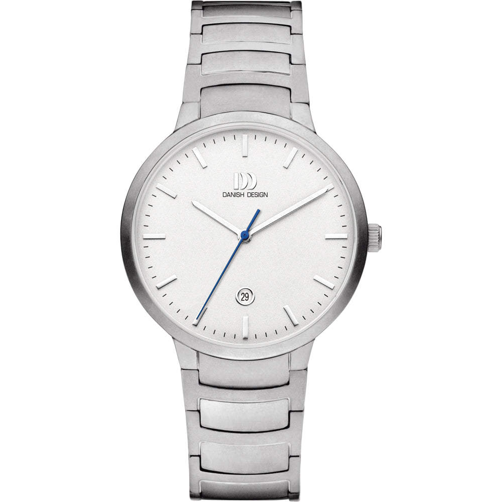 Orologio con cassa argentata, quadrante bianco e cinturino in acciaio inox, lancetta blu.