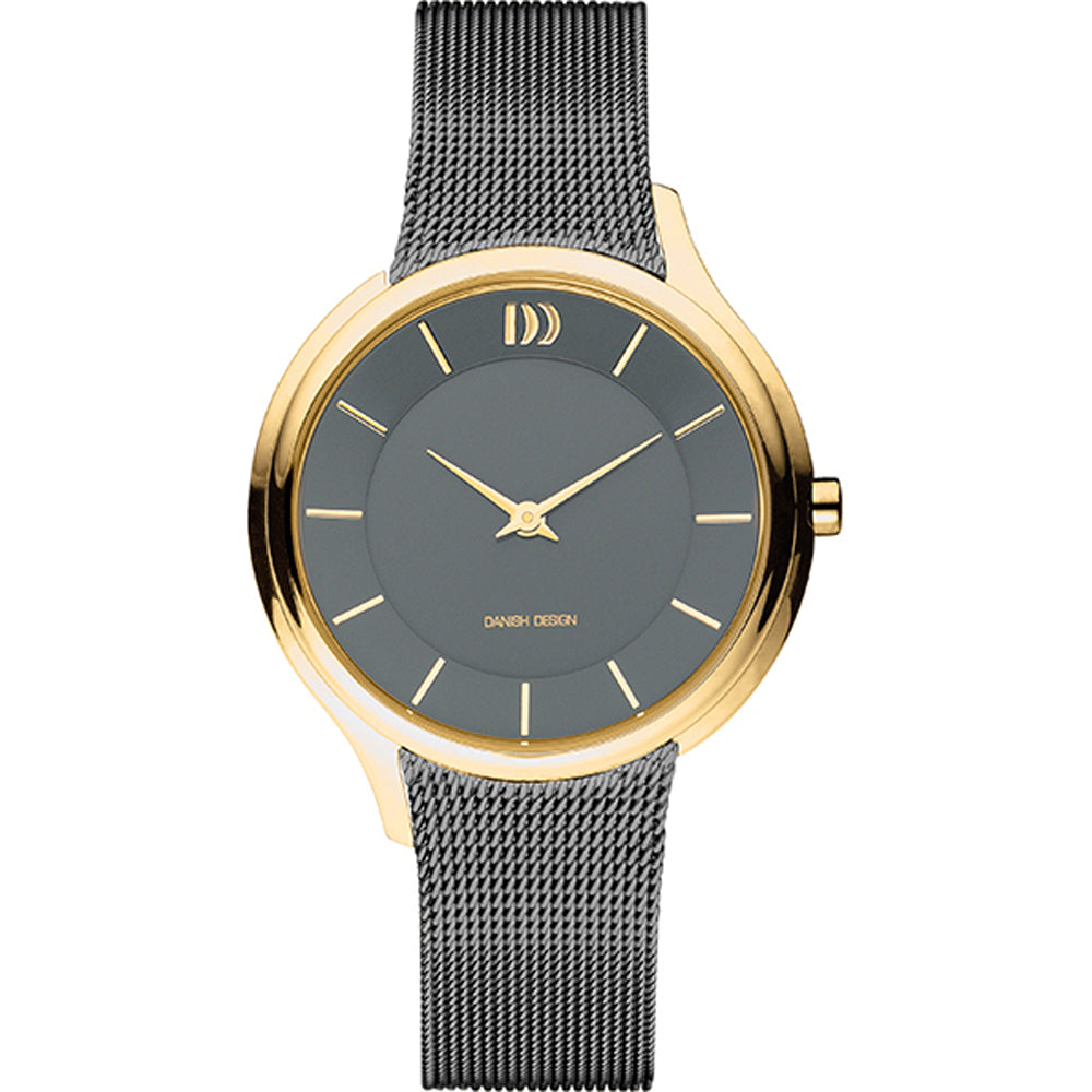 Orologio con cassa dorata e quadrante grigio, cinturino in maglia metallica nera.