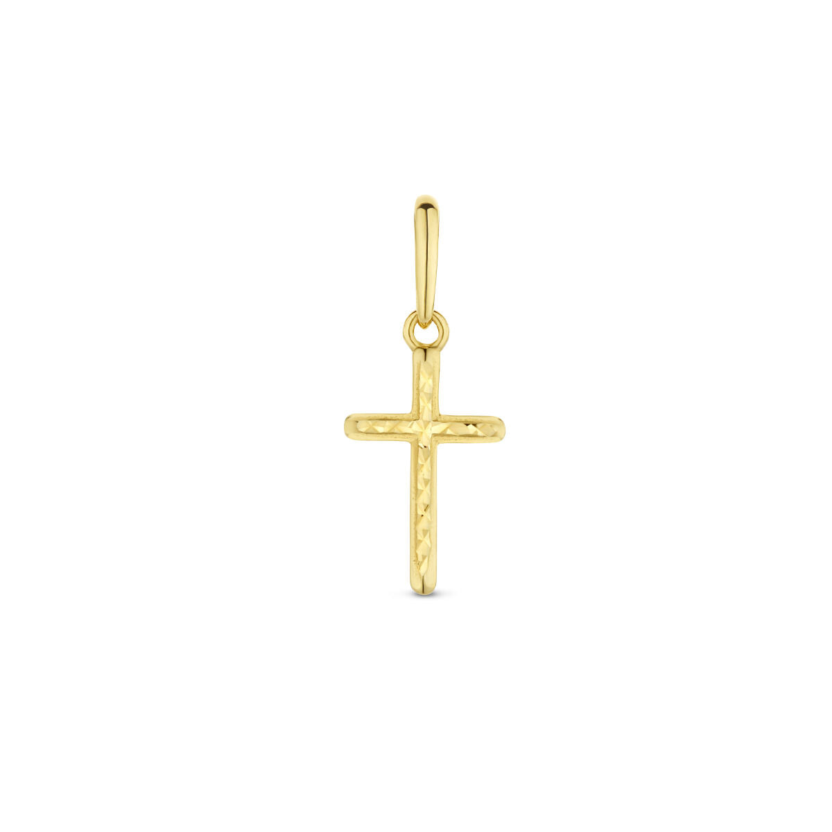 De Van der Kooij Collectie hanger kruis gediamanteerd 14K geelgoud is een kleine geelgouden kruis hanger met een eenvoudige lus om aan een collier te bevestigen, afgebeeld op een effen witte achtergrond.