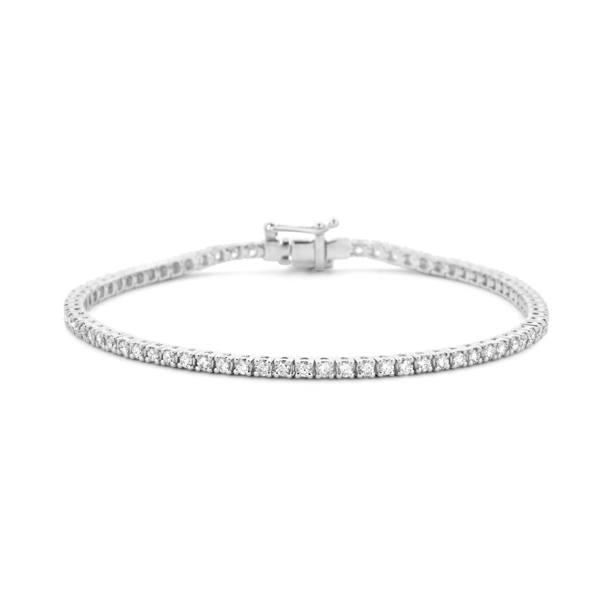 Bracciale tennis in oro bianco 14K con diamanti H SI da 2,00 ct, larghezza 2,3 mm, lunghezza 17,5 cm.