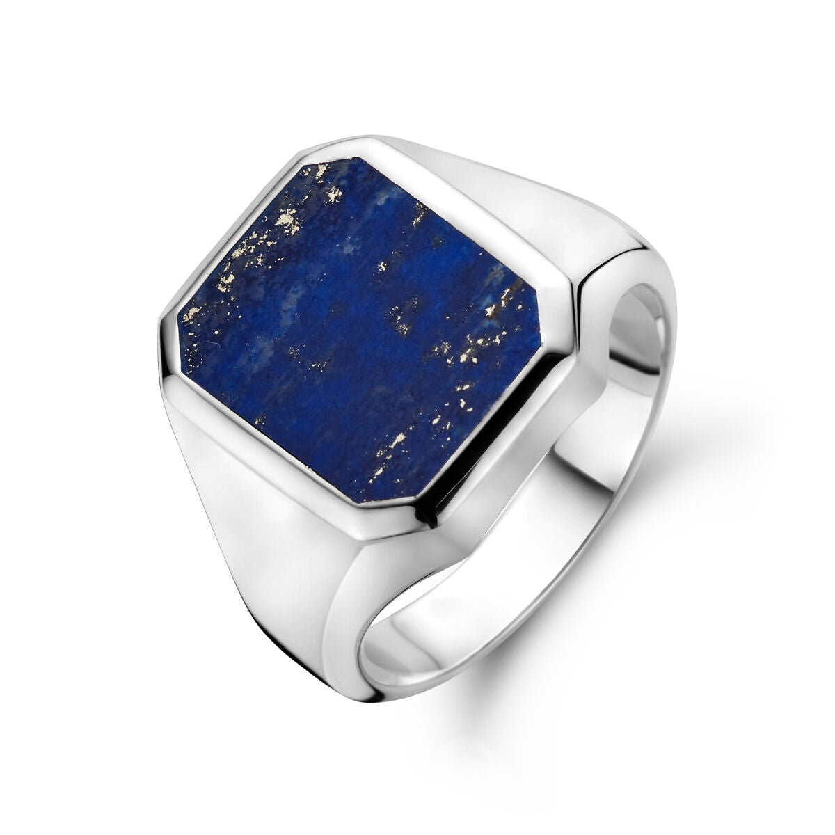 Anello con sigillo in argento bianco con pietra lapislazzuli esagonale 13 x 11 mm.