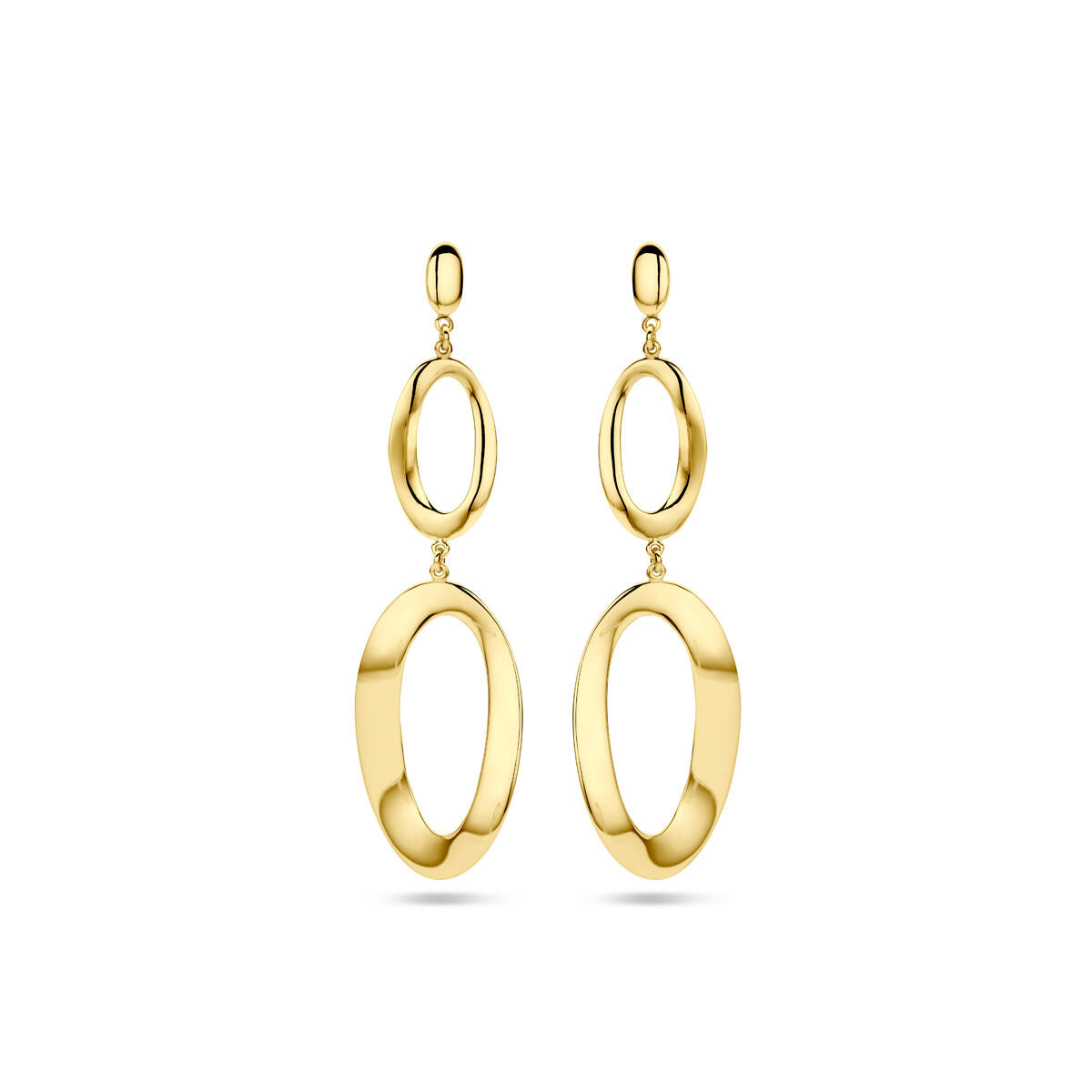 Orecchini in oro giallo 14K con forme ovali sovrapposte.