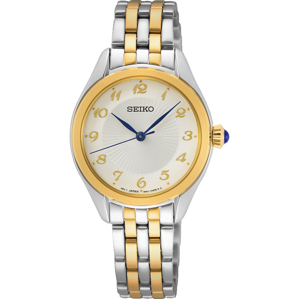 Orologio da donna Seiko con cassa argentata e dorata, quadrante argentato e cinturino a maglia bicolore.
