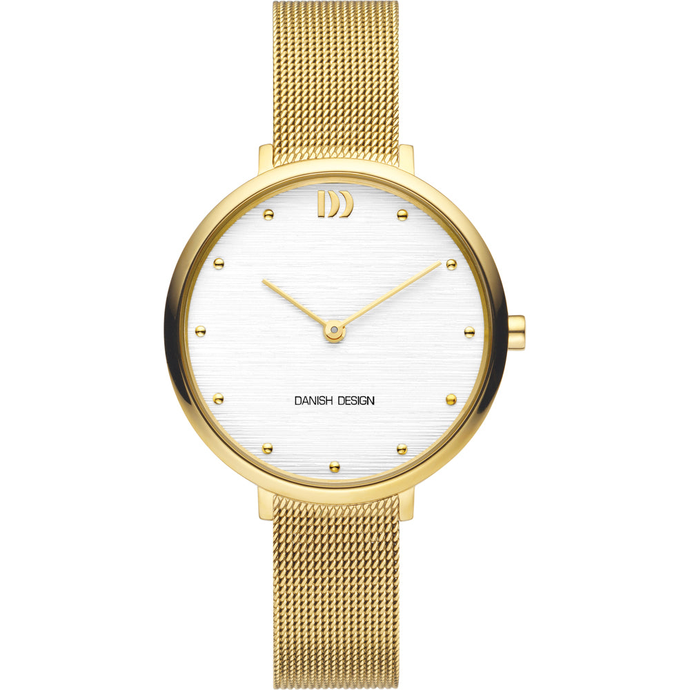 Orologio con cassa dorata, quadrante bianco con indici a punti dorati e cinturino in maglia rolò dorata.
