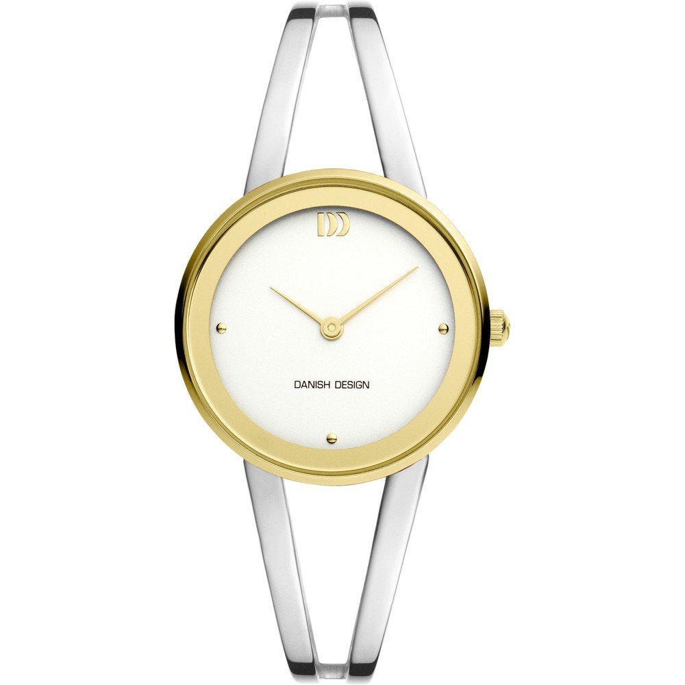 Orologio con cassa dorata e cinturino in acciaio inox, quadrante bianco con dettagli minimalisti.