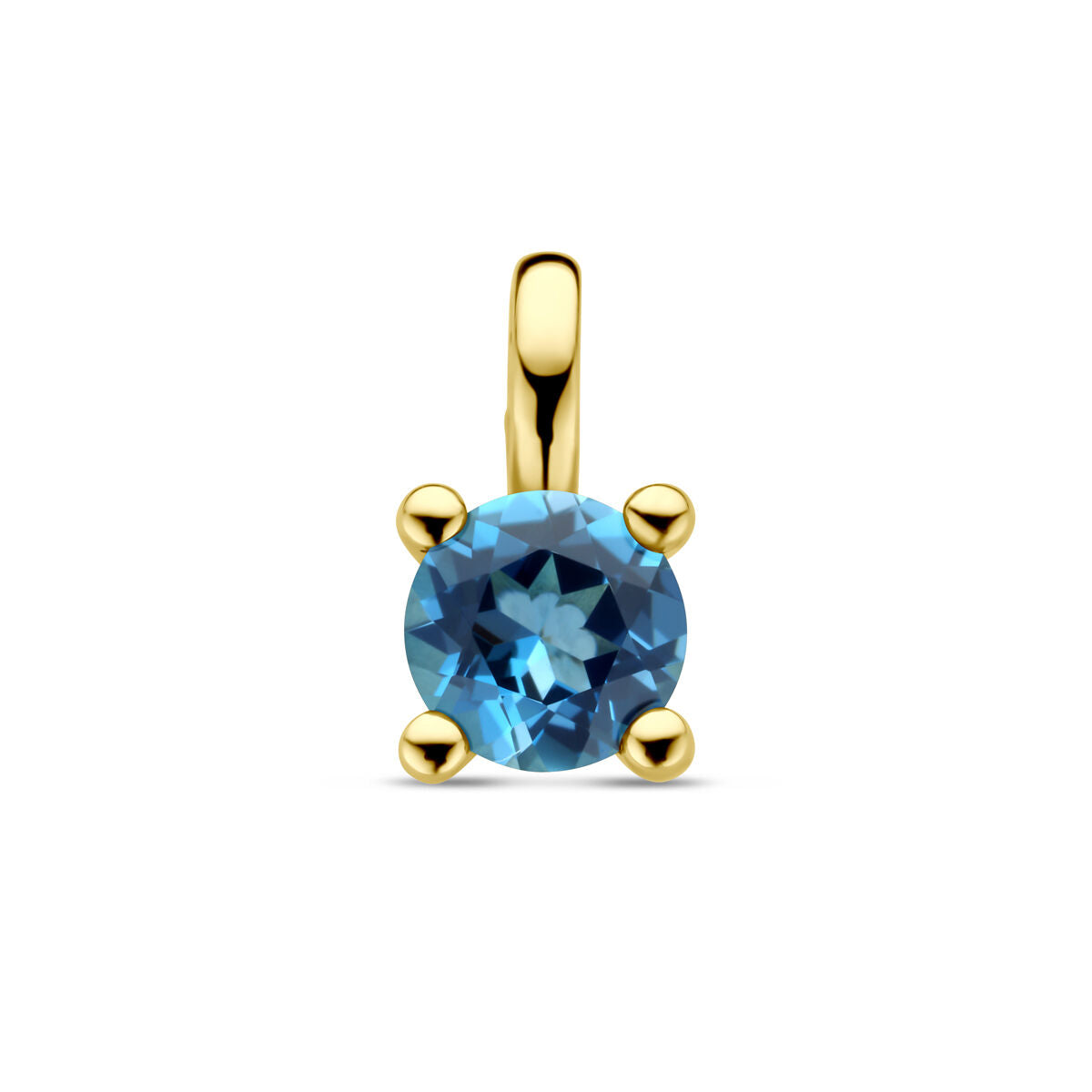 Ciondolo in oro giallo 14K con topazio blu di Londra, forma rotonda.