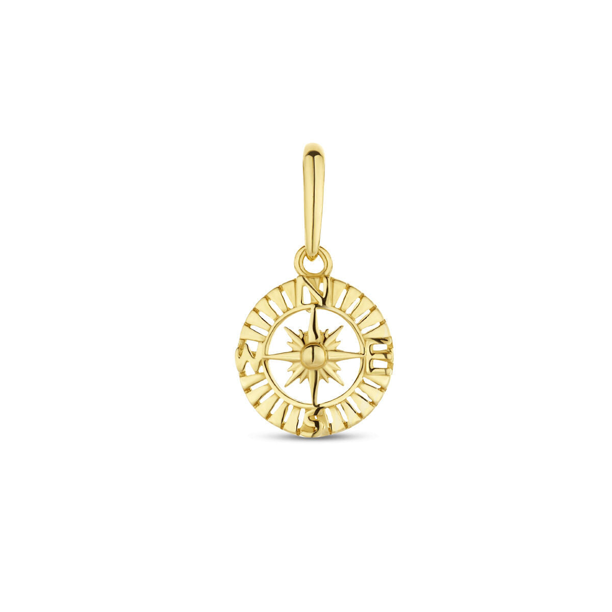 Ciondolo a forma di bussola in oro giallo 14K con dettagli incisi.