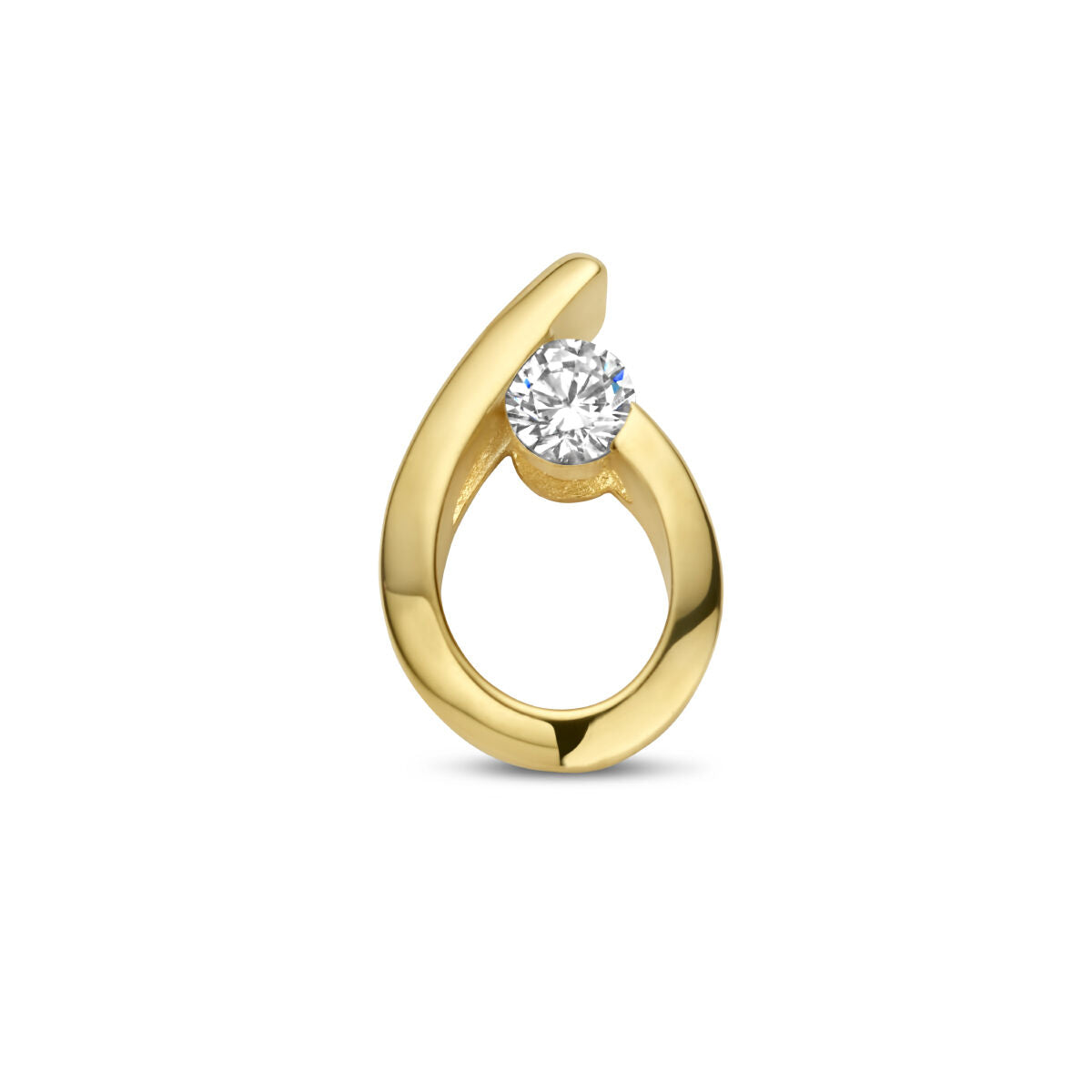 De Van der Kooij Collectie hanger druppel zirkonia 14K geelgoud is een moderne, gebogen traanvormige hanger met een fonkelende zirkonia in het midden, afgebeeld op een witte achtergrond - perfect voor dames sieraden collecties.