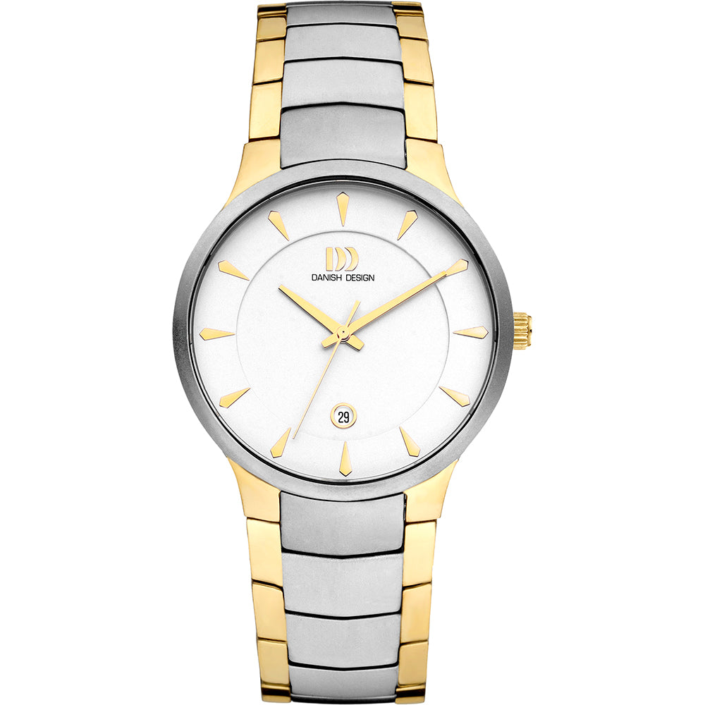 Orologio con cassa argentata e cinturino bicolore in acciaio, quadrante bianco con indici dorati.