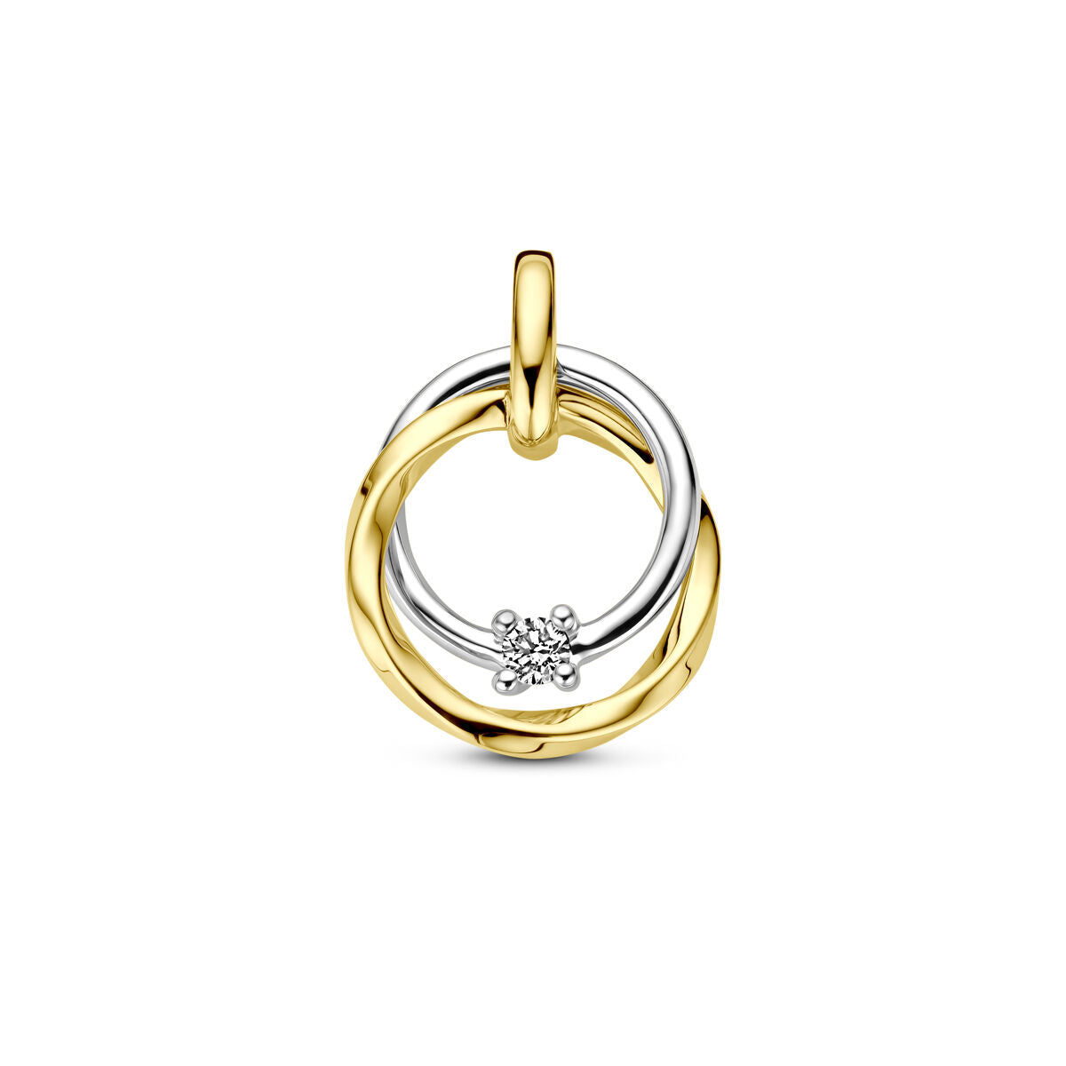 Ciondolo bicolore in oro giallo e bianco con diamante da 0,03 ct, composto da anelli intrecciati.