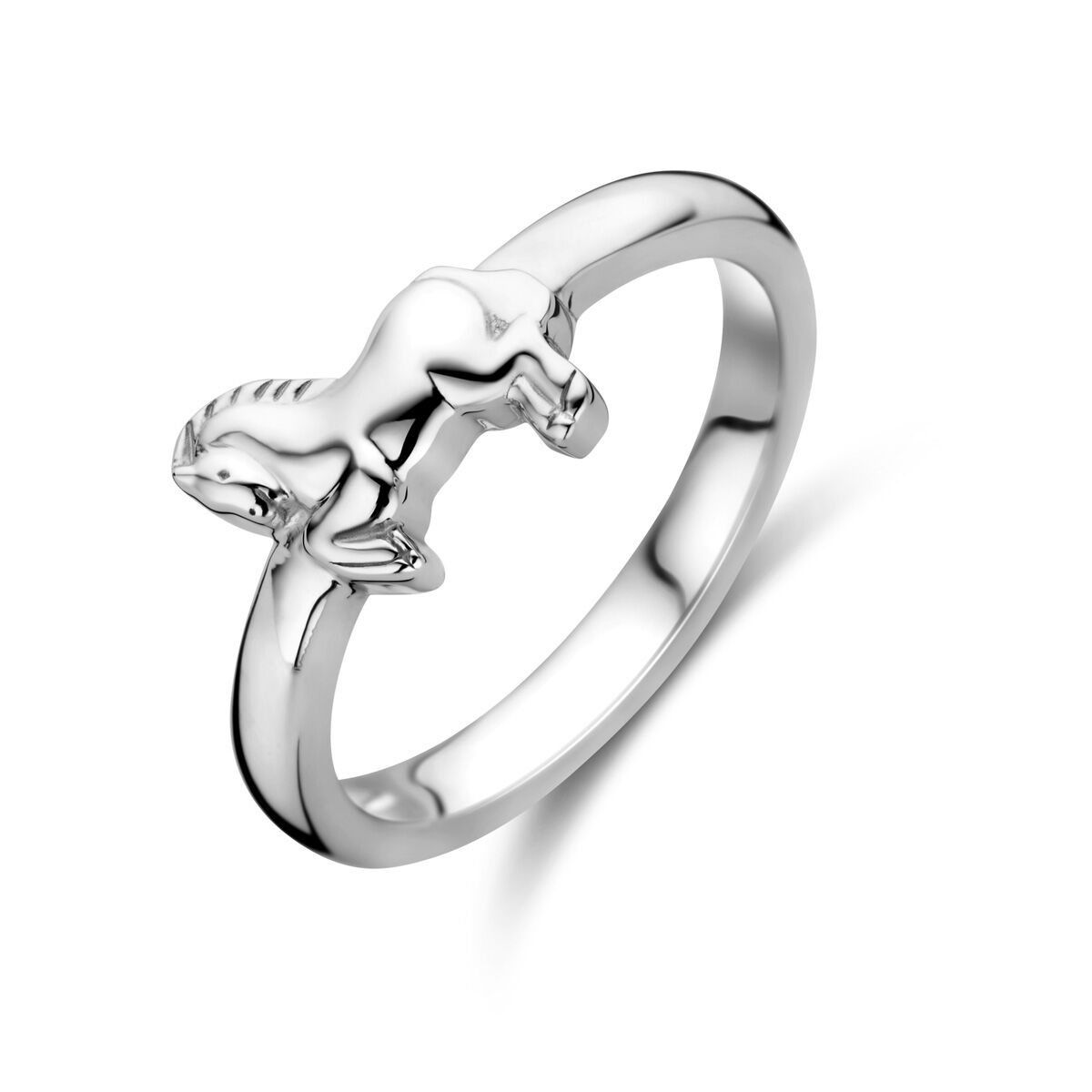 anello in argento rodiato con figura di cavallo in rilievo