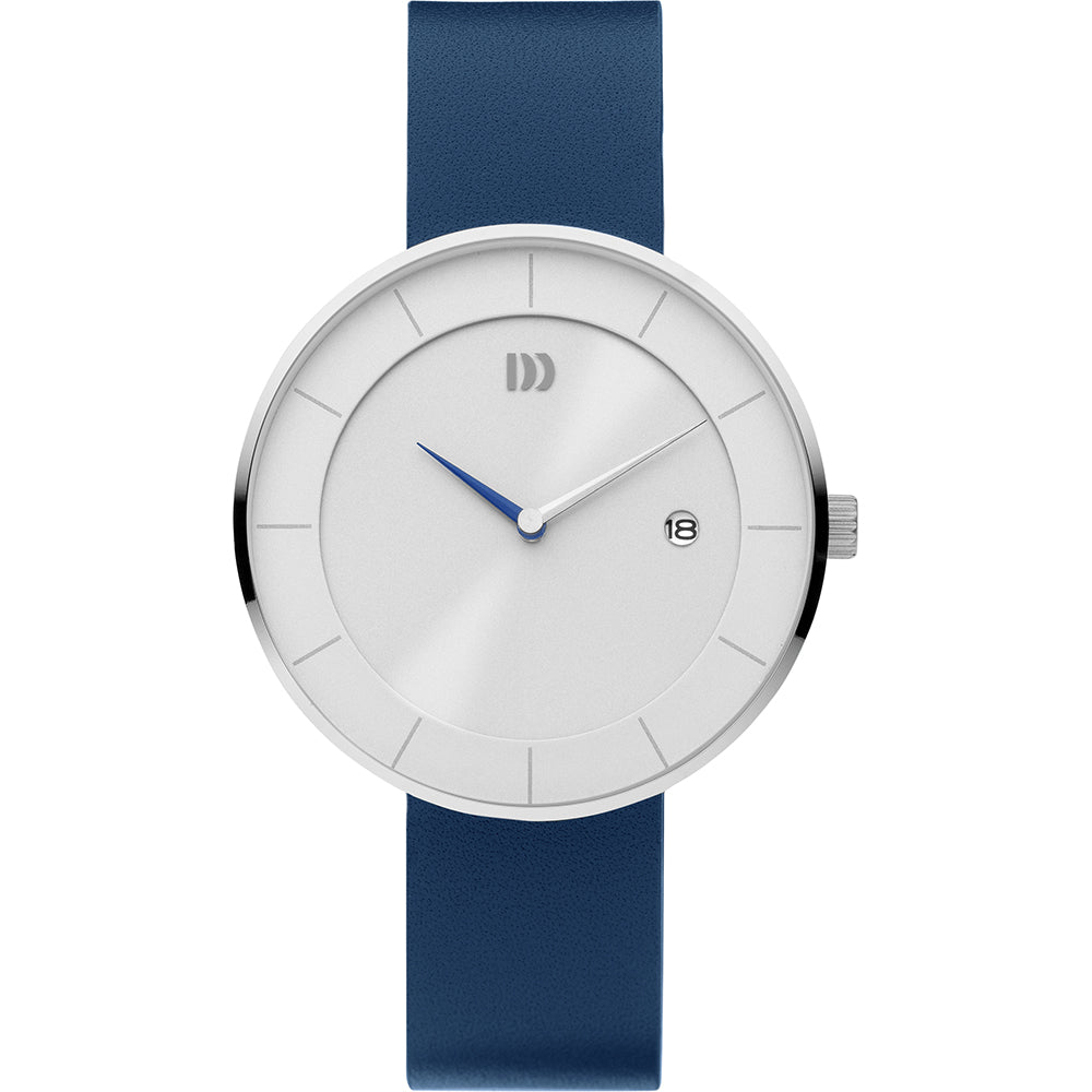Orologio con cassa argentata, quadrante bianco e cinturino blu in silicone.