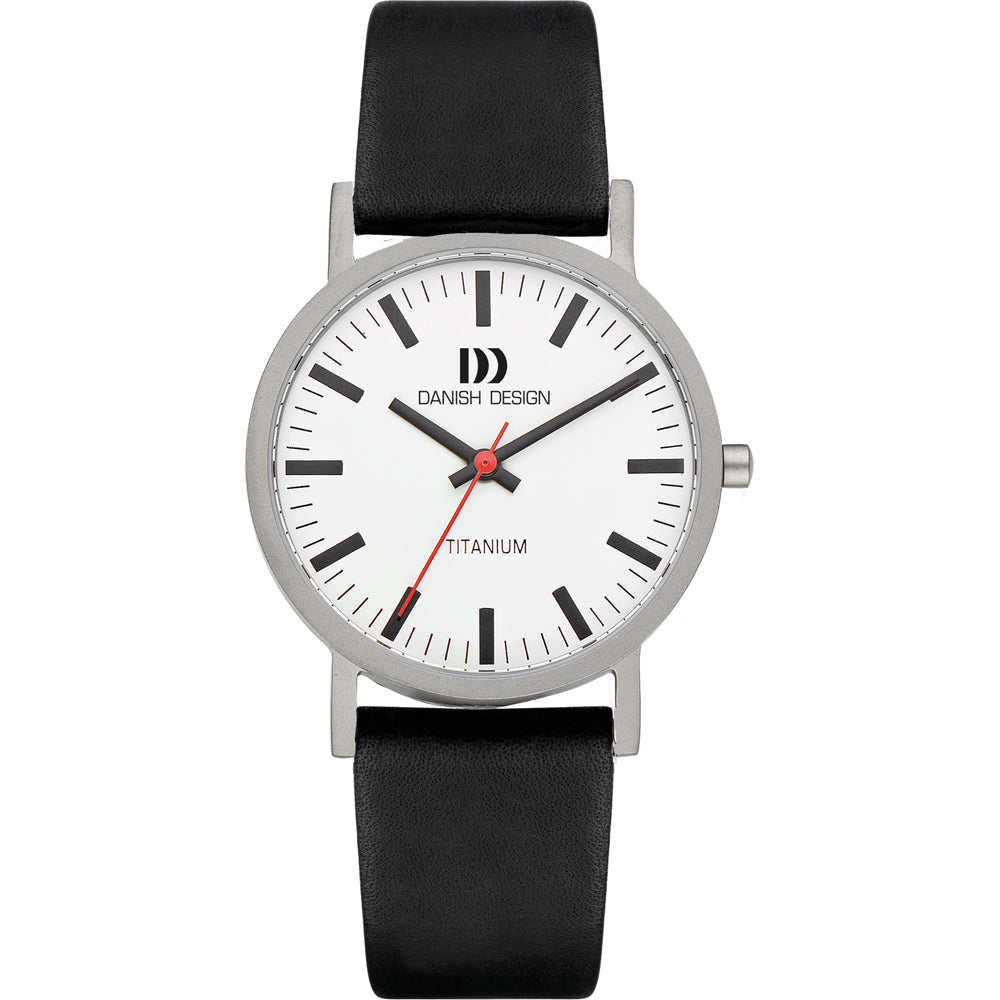 Orologio in titanio con quadrante bianco, cinturino nero e dettagli rossi.