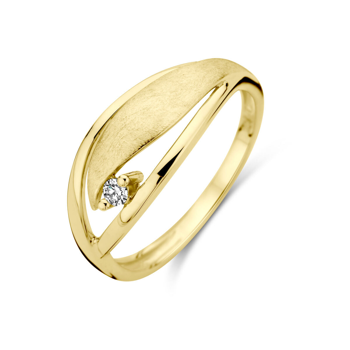Anello in oro giallo 14K con finitura lucida e opaca, decorato con diamante da 0,04 ct.